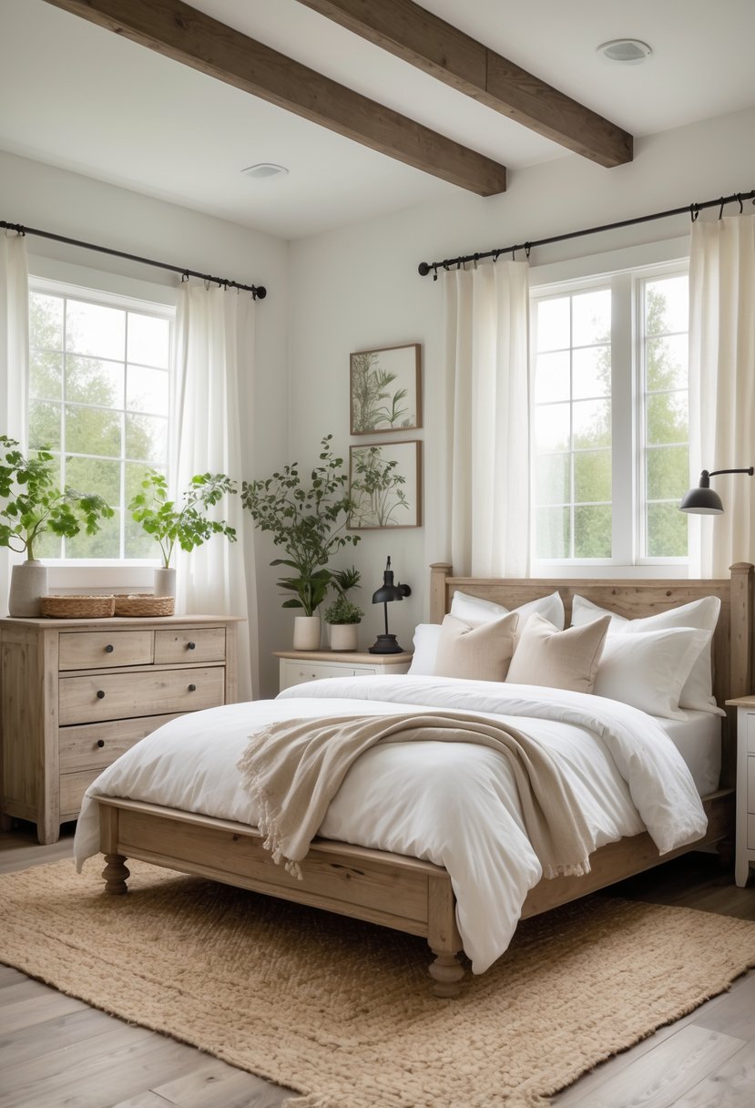 A bright bedroom with a wooden bed, white bedding, wooden furniture, plants on the windowsill, and natural light coming through large windows.