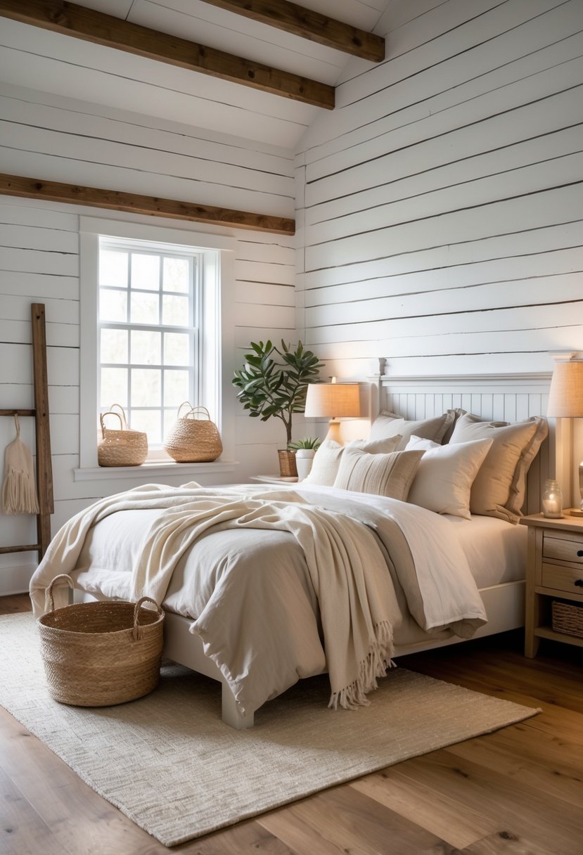 A bedroom with whitewashed wooden walls, a bed with pillows, a bedside table, and natural light coming through a window.
