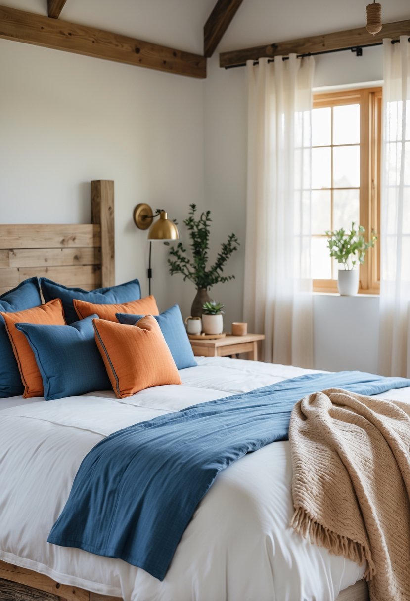 A bedroom with a bed decorated with blue and orange pillows, a wooden headboard, and a bedside table with a small plant.