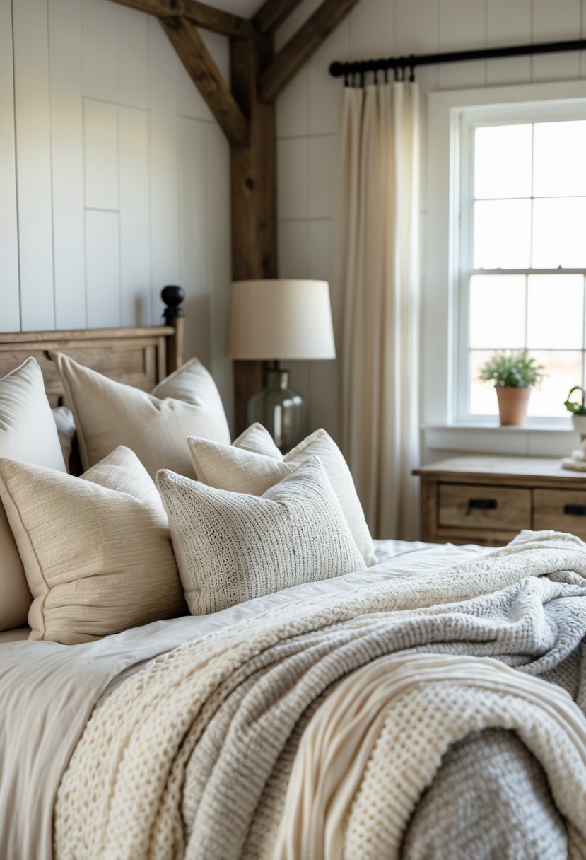 A cozy bedroom with a neatly made bed layered with knitted throws and pillows, illuminated by natural light.