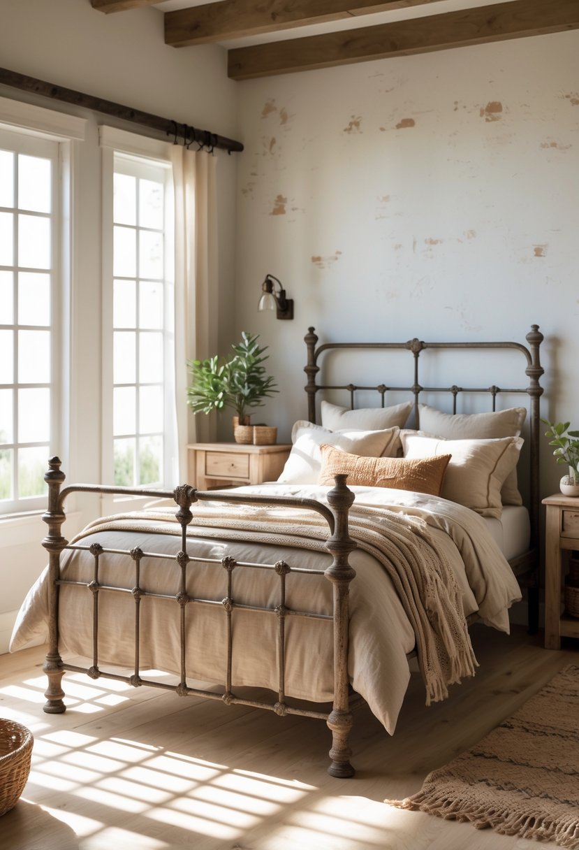 A bedroom with a vintage metal bed frame, natural light, wooden floor, and simple decor including a nightstand and plants.