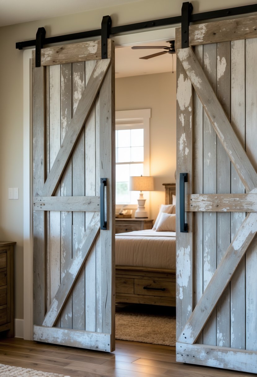 A bedroom with distressed wooden barn doors used as room dividers, partially revealing a bed and nightstands inside.