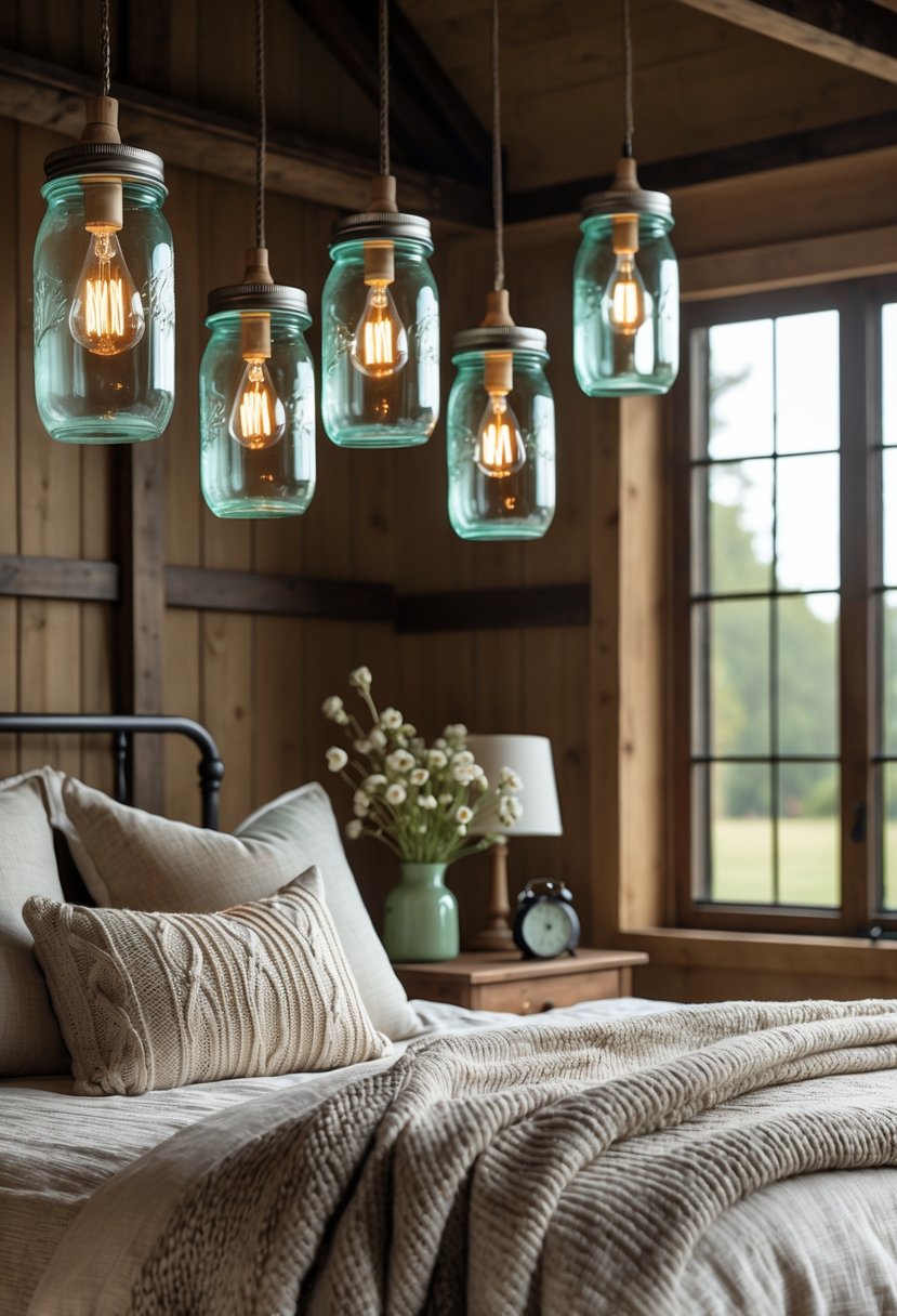 A bedroom with wooden walls and mason jar pendant lights hanging from the ceiling, illuminating a bed with neutral linens and a wooden nightstand.