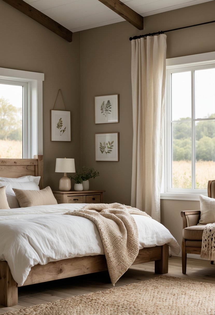 A bedroom with a wooden bed, white and beige bedding, wooden furniture, a window with light curtains, and a woven rug on the floor.