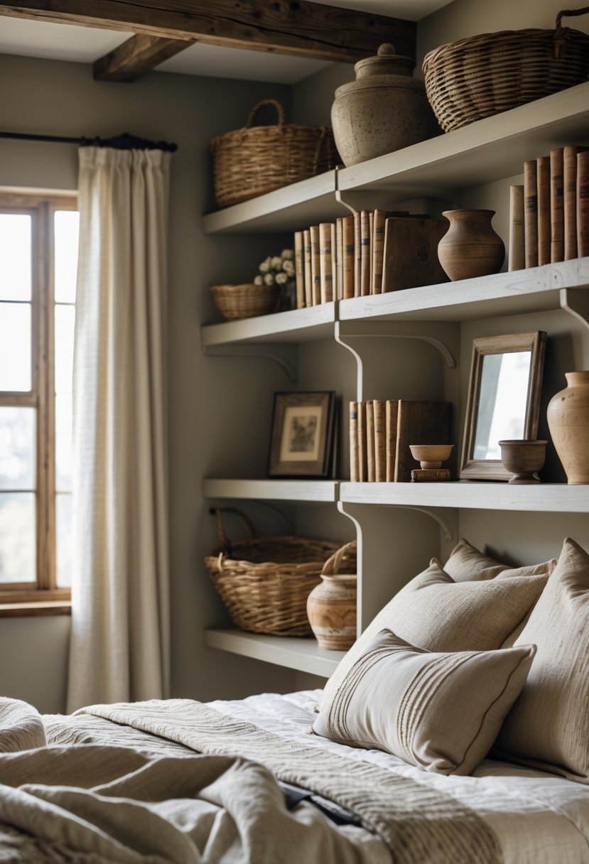 A bedroom with open shelves displaying antique decor items and a neatly made bed nearby.