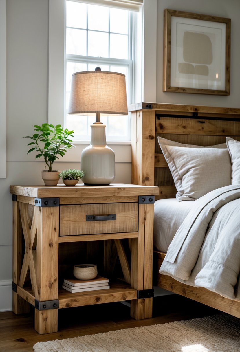 A bedroom with two wooden nightstands beside a bed, each with a drawer and metal handles, softly lit by natural light.