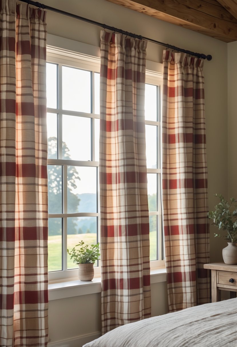 A bedroom with plaid curtains hanging beside a window, a bed, and wooden furniture.