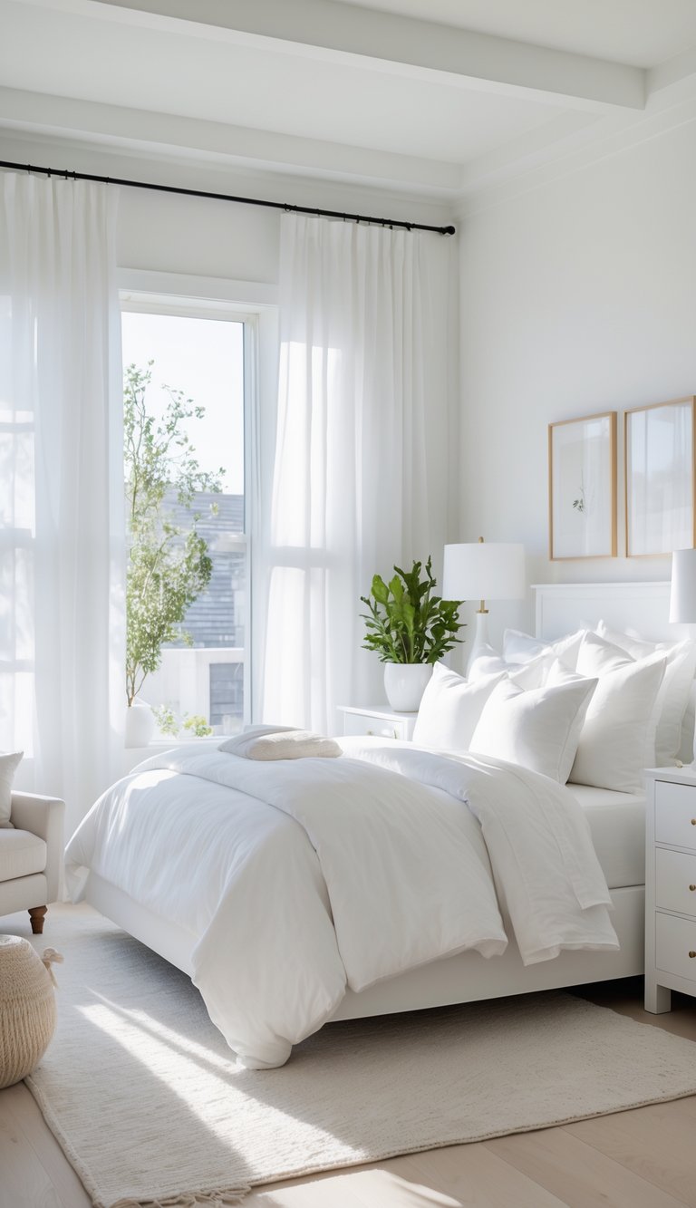 A bright white bedroom with a bed, bedside table, armchair, large windows, and simple decor.