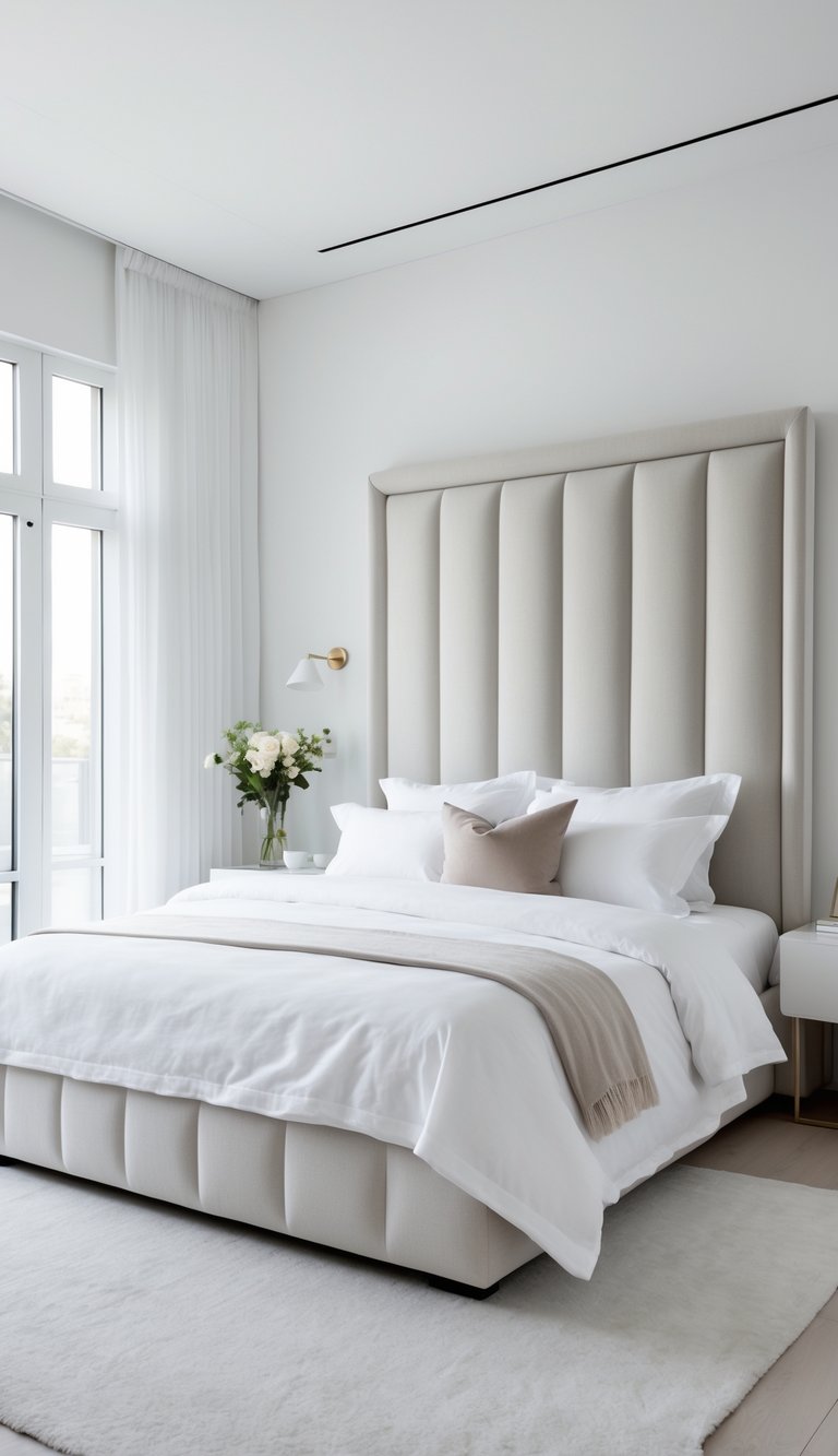 A bright white bedroom with a large upholstered headboard behind a neatly made bed and natural light coming through windows.