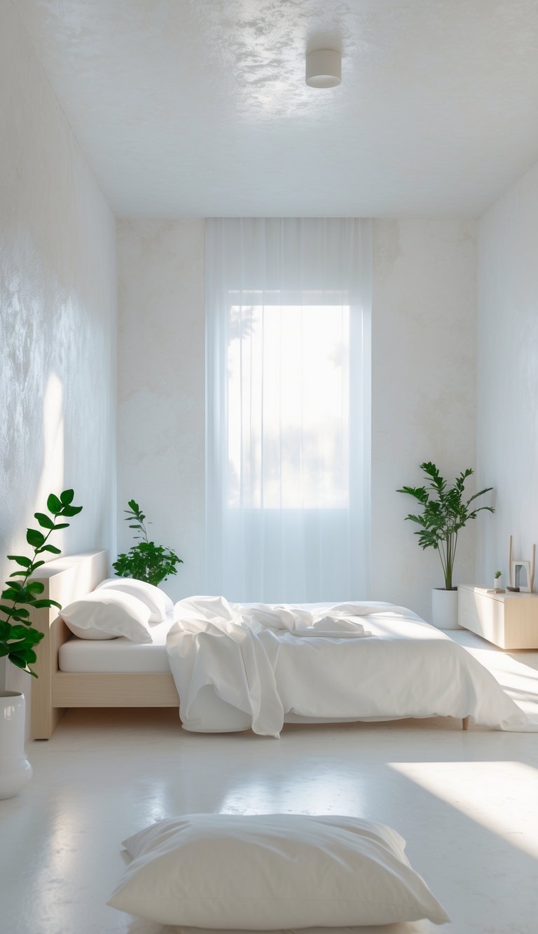 A bright white bedroom with a neatly made bed, smooth plaster walls, sheer curtains, and natural light softly illuminating the space.