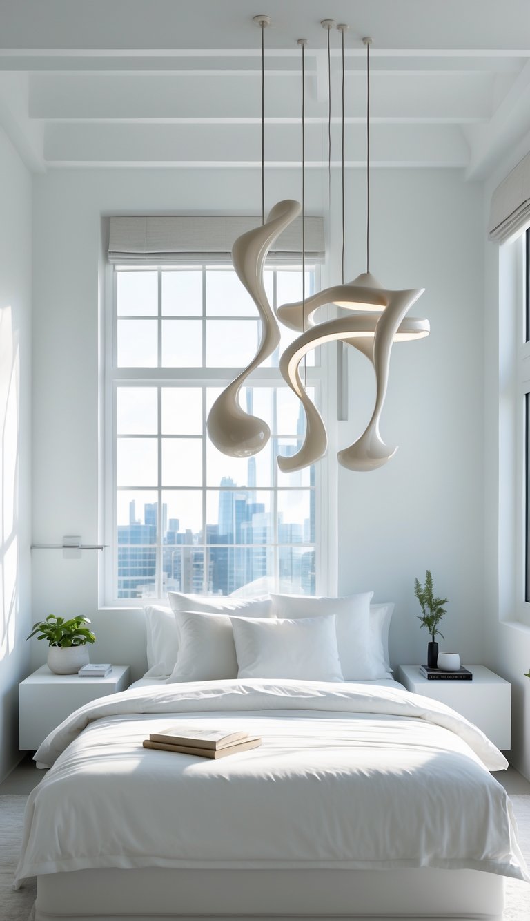 A white bedroom with a neatly made bed and sculptural pendant lights hanging above it.