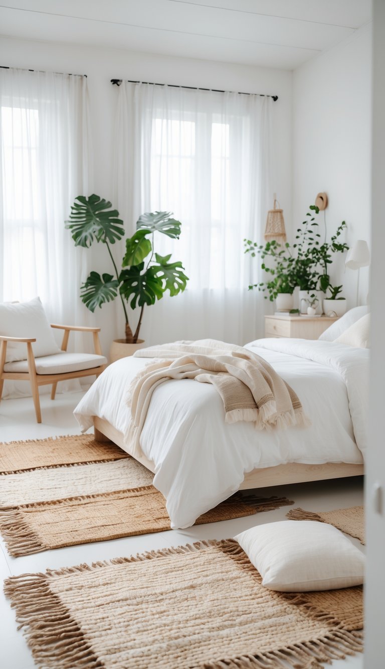 A white bedroom with a bed, layered natural fiber rugs on the floor, wooden furniture, and sunlight coming through sheer curtains.