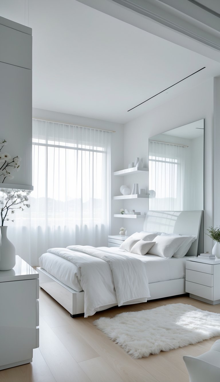 A bright white bedroom with a bed, large windows, and a mix of matte and glossy white surfaces on the walls and furniture.