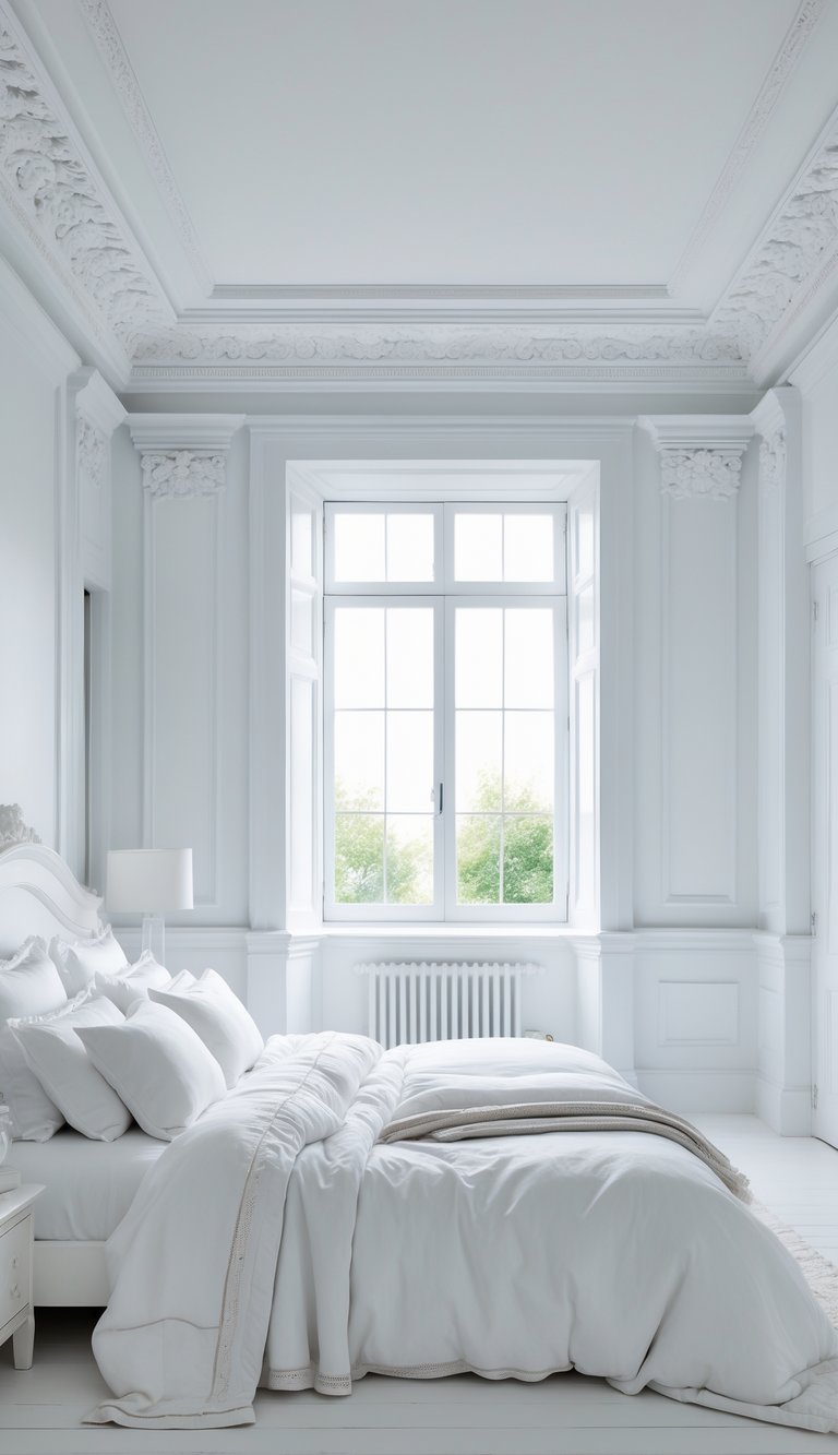 A bright bedroom with white walls, ceiling moldings, a neatly made bed, and natural light coming through large windows.
