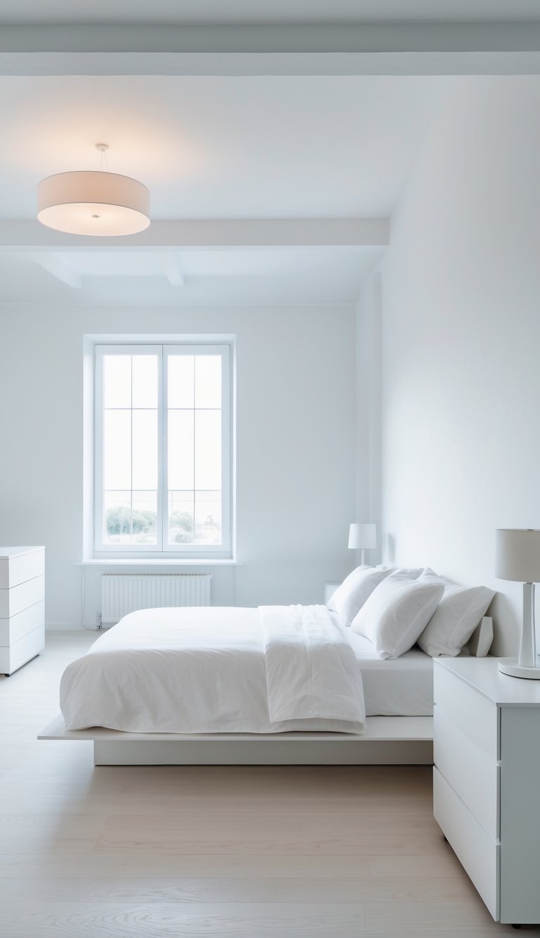 A bright bedroom with a white bed, nightstand, and dresser, illuminated by natural light from large windows.