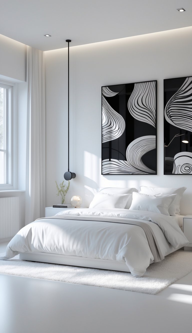 A bright white bedroom with a neatly made bed and black-and-white artwork on the walls.