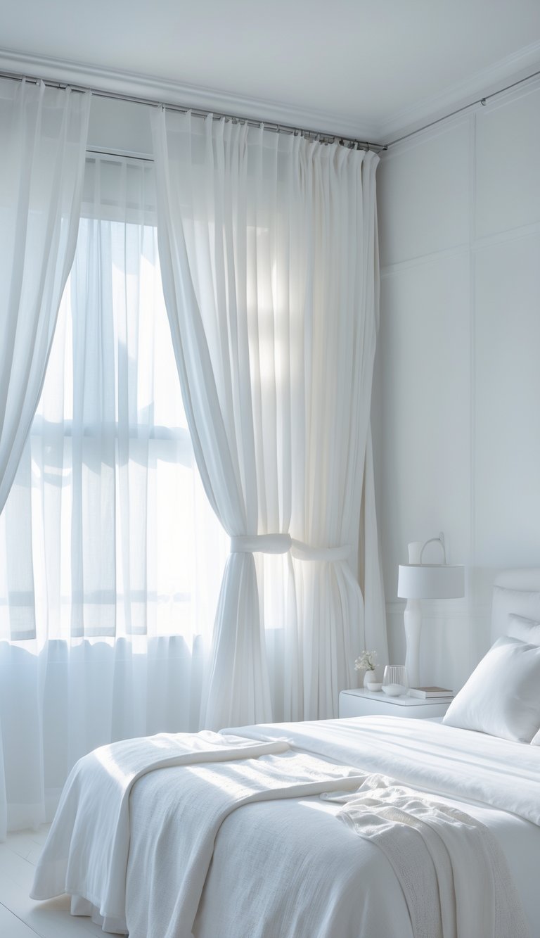 A white bedroom with layered sheer and heavy white curtains, a neatly made bed, and soft natural light coming through the window.