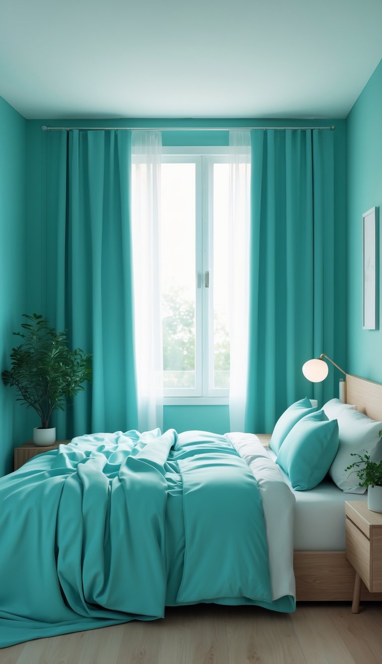 A bedroom with teal walls, a bed with teal and white bedding, a nightstand with a plant and lamp, and natural light coming through a window.