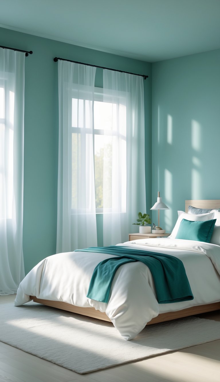 A bedroom with walls painted in soft muted teal, a bed with white linens and teal pillows, natural light coming through sheer curtains, and minimal wooden furniture.