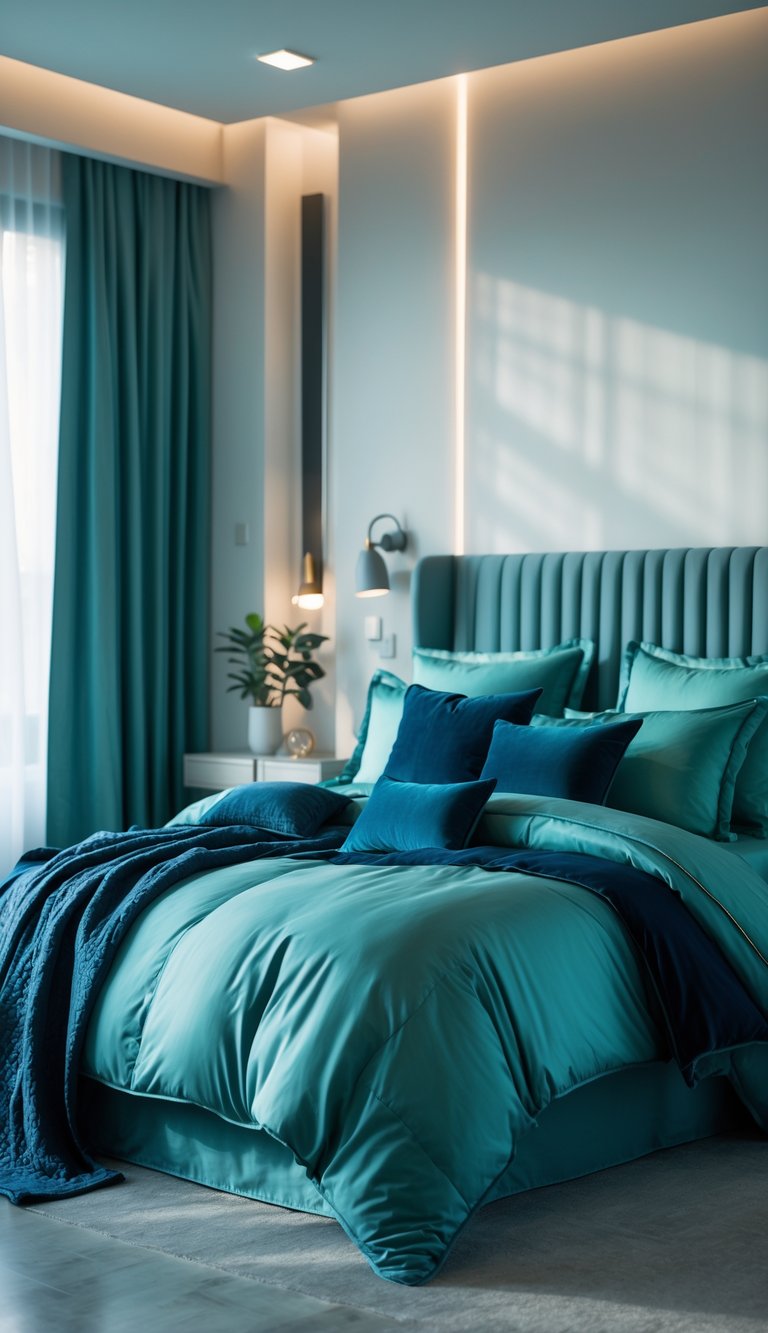 A bedroom with a bed made up with teal and navy blue bedding, including pillows and a throw blanket.