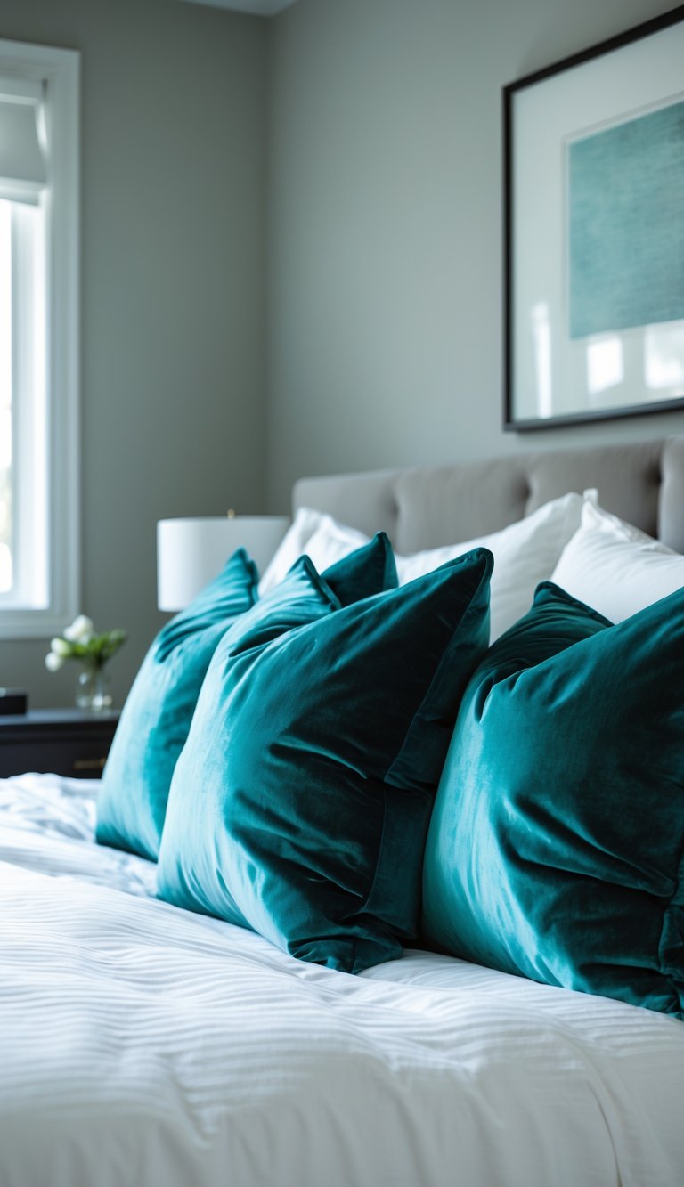 A bedroom with a bed decorated with teal velvet throw pillows and white bedding.