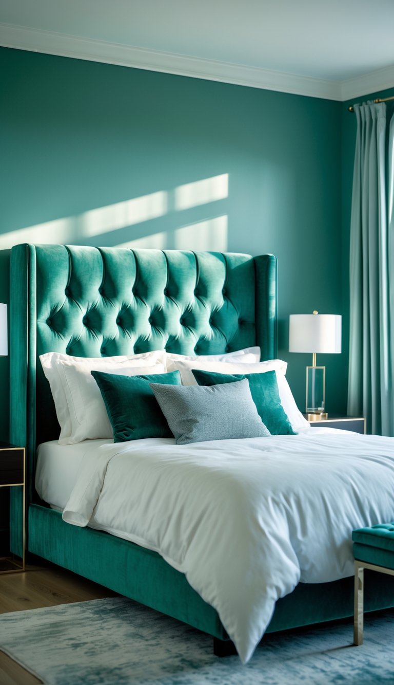 A bedroom with a teal velvet tufted headboard, white bedding, and soft natural light coming through a window.