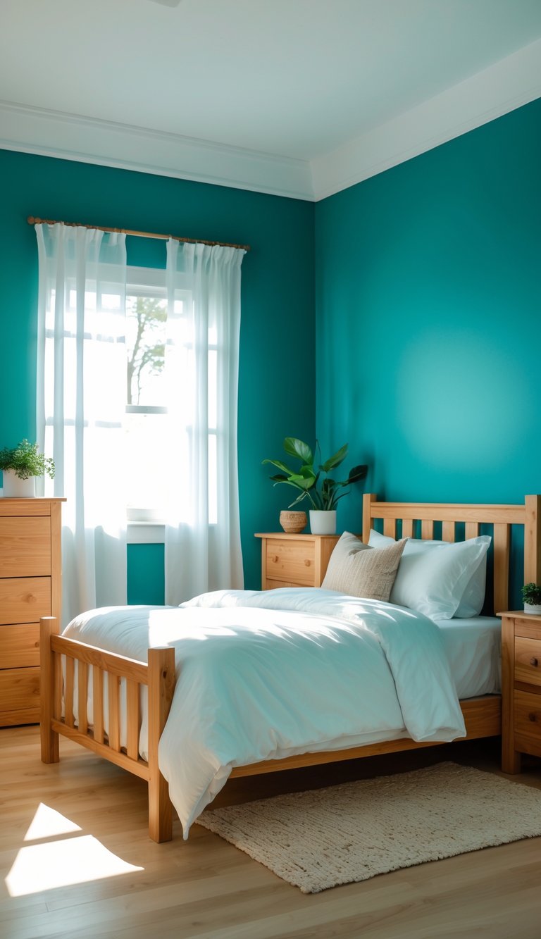 Bedroom with teal walls, natural wood bed frame, nightstand, and dresser, lit by soft natural light.