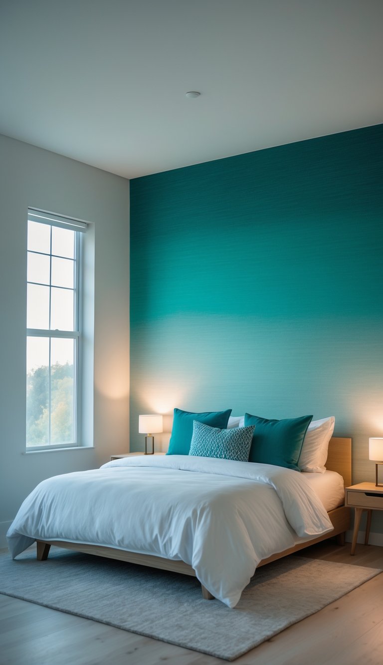 A bedroom with teal ombre wallpaper, a bed with white linens and teal pillows, wooden nightstands with lamps, and natural light coming through a window.