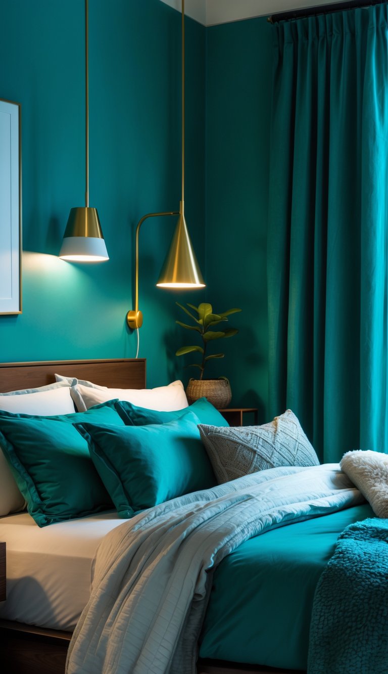 A bedroom with teal walls and bedding, featuring gold and brass lighting fixtures.