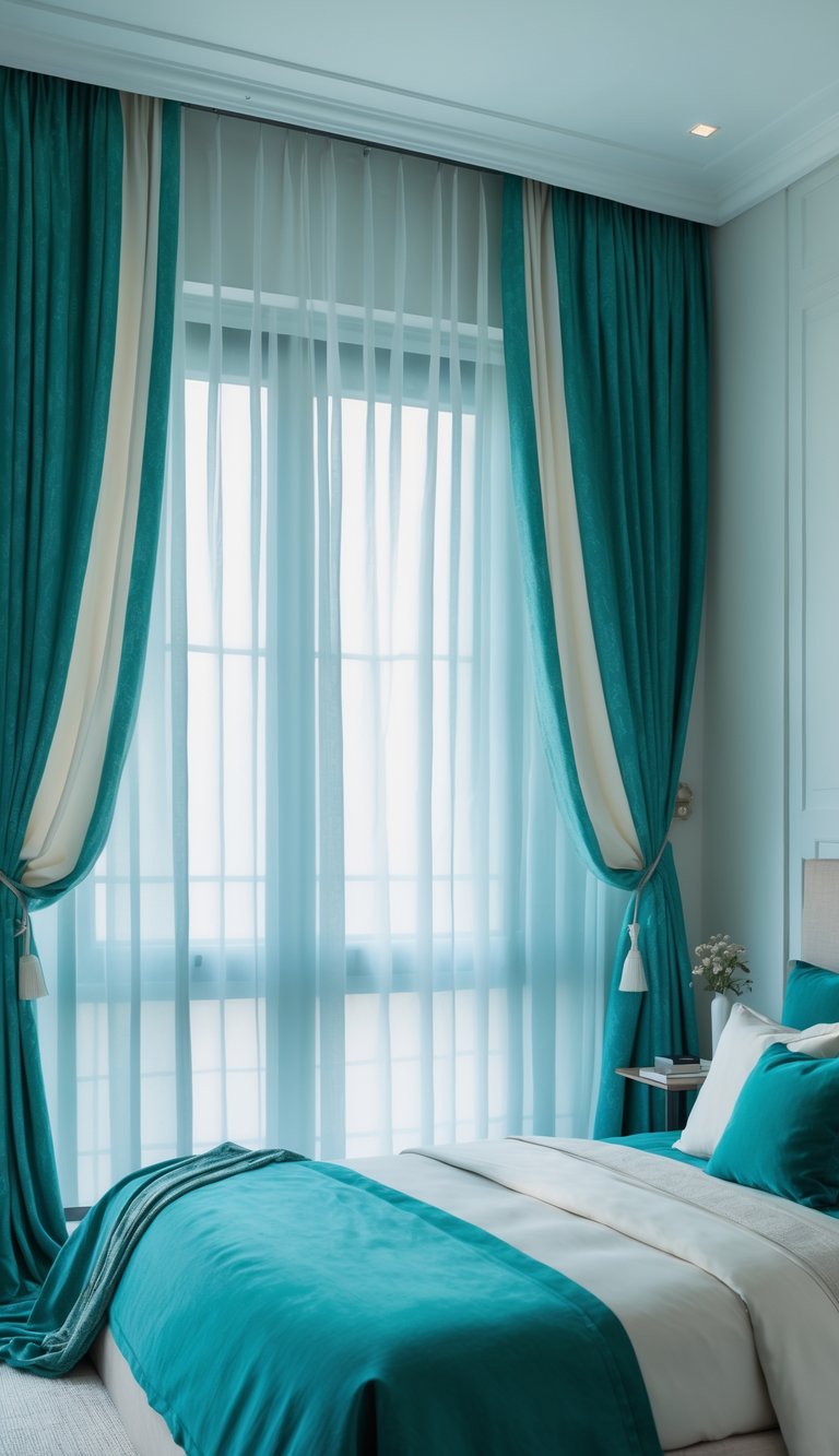 A bedroom with teal curtains and sheer white drapes covering a large window, with a neatly made bed and soft natural light.