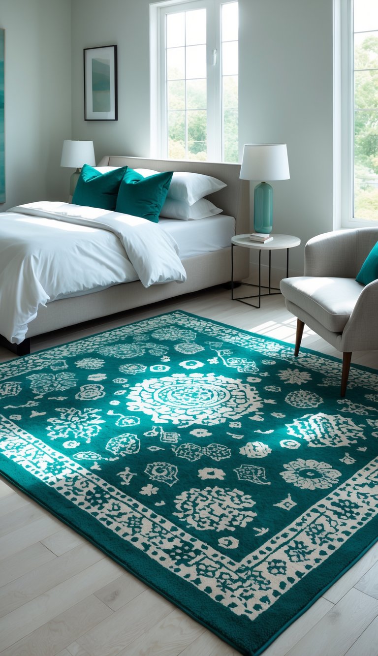 A bedroom with teal patterned area rugs on a light hardwood floor, a bed with white linens and teal pillows, and natural light coming through large windows.