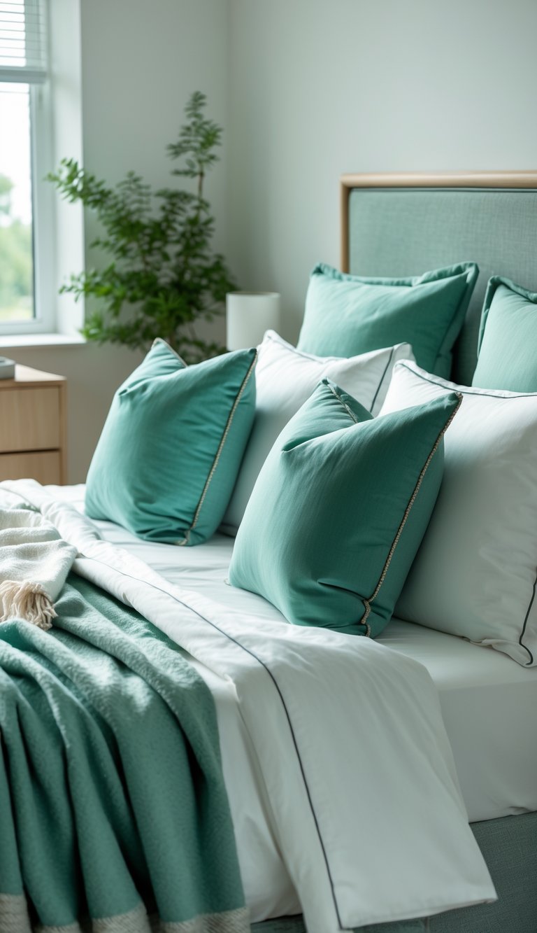 A bedroom with a bed decorated with teal and sage green cushions and natural light coming through a window.