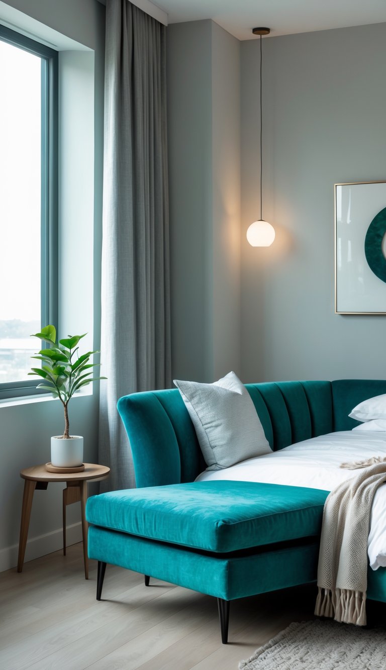 A bedroom with a teal chaise lounge near a window, light walls, and a wooden side table with a plant.