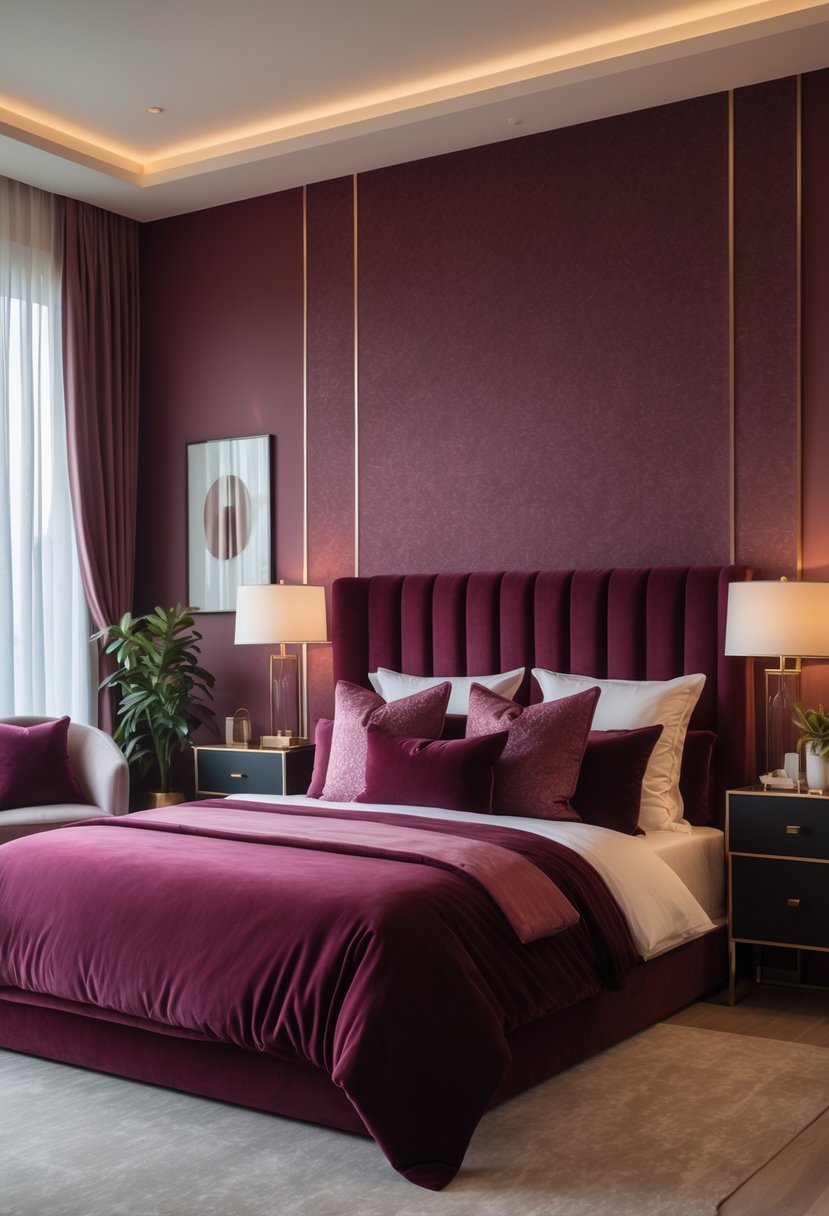 A bedroom with a large bed covered in burgundy bedding, bedside tables with lamps, and soft natural light coming through curtains.