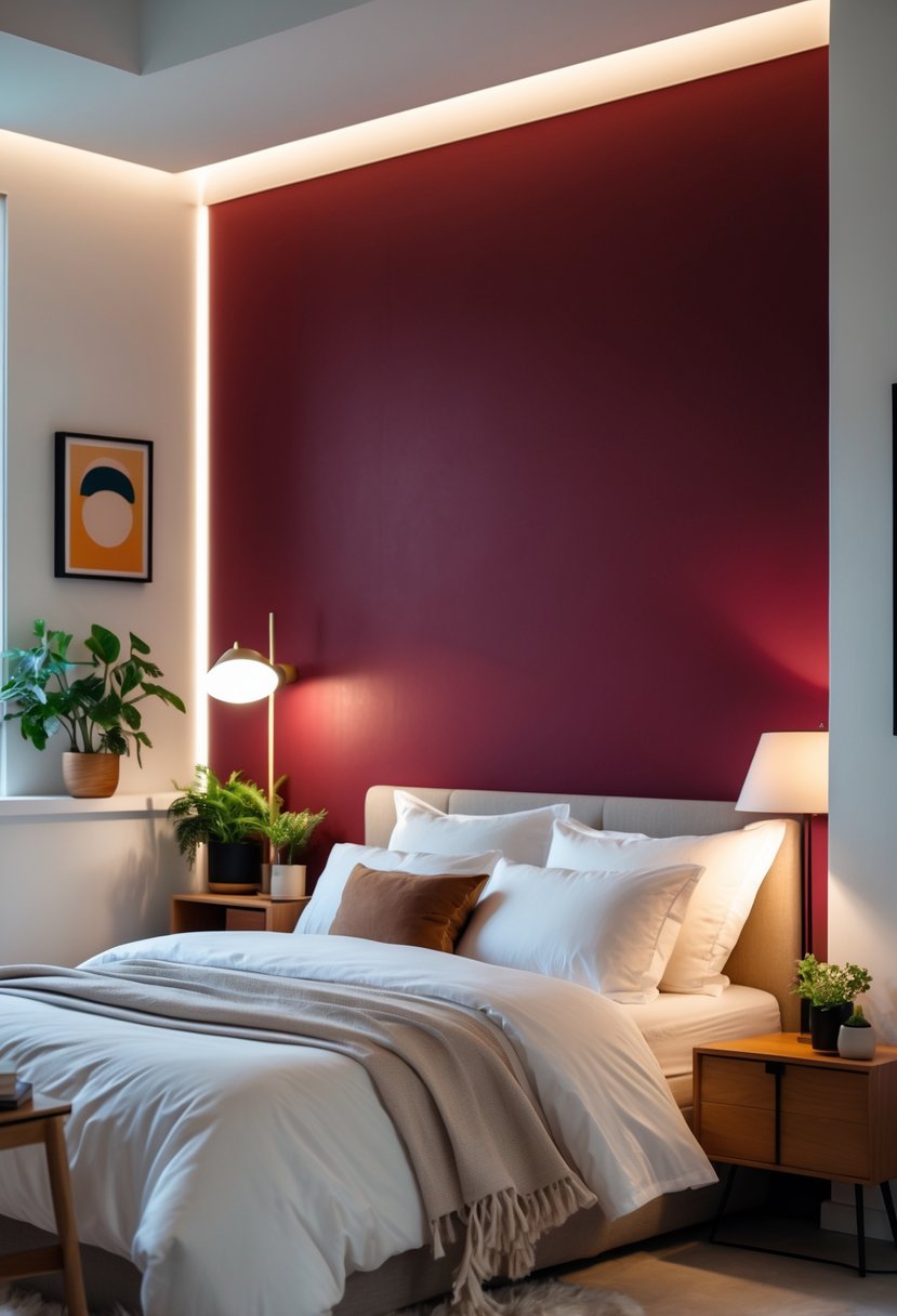 A bedroom with a burgundy accent wall, a bed with white bedding, a nightstand with a lamp, and plants near a window.