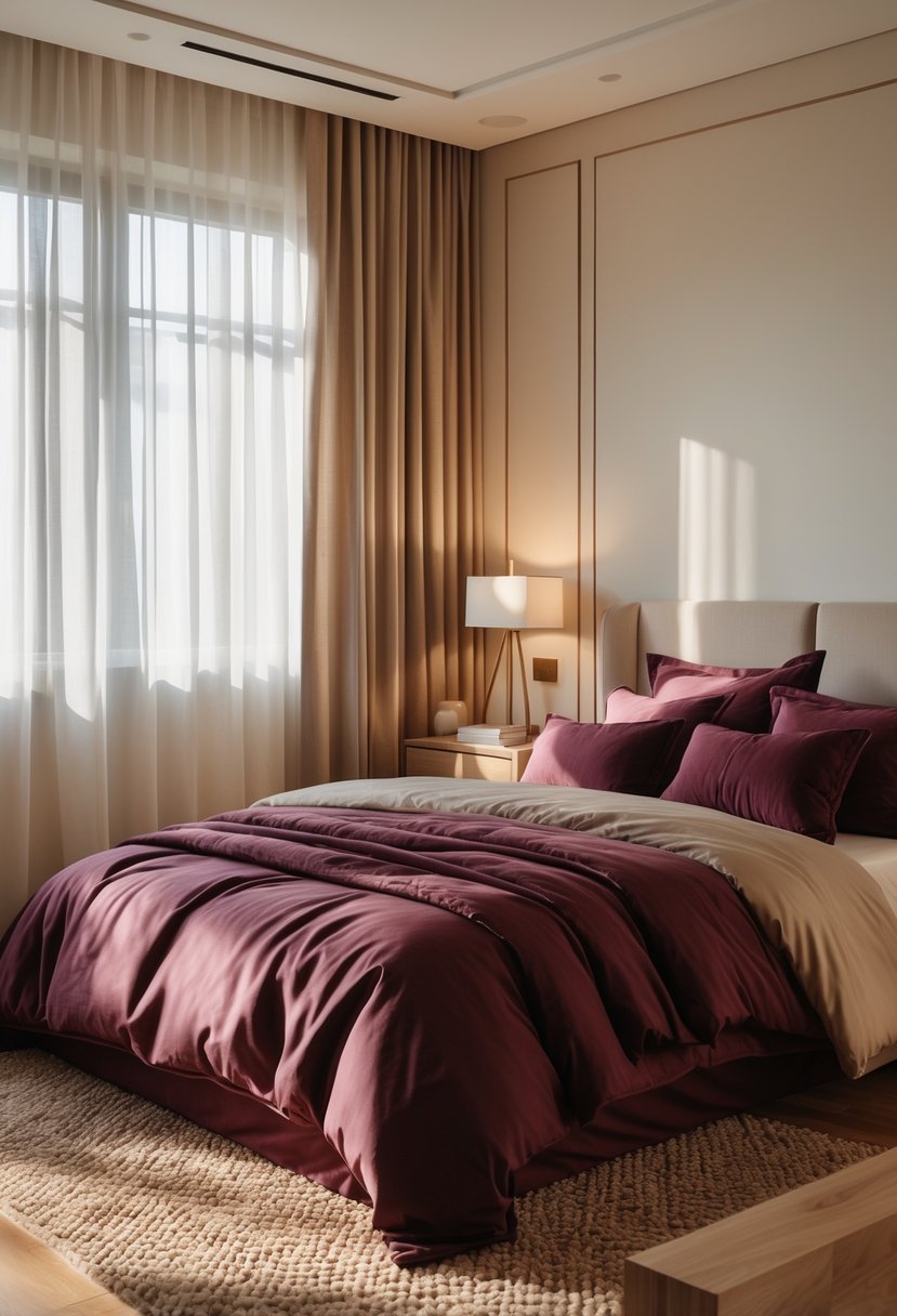 A bedroom with burgundy bedding and neutral-colored walls, featuring a bed, nightstand, lamp, and natural light coming through curtains.