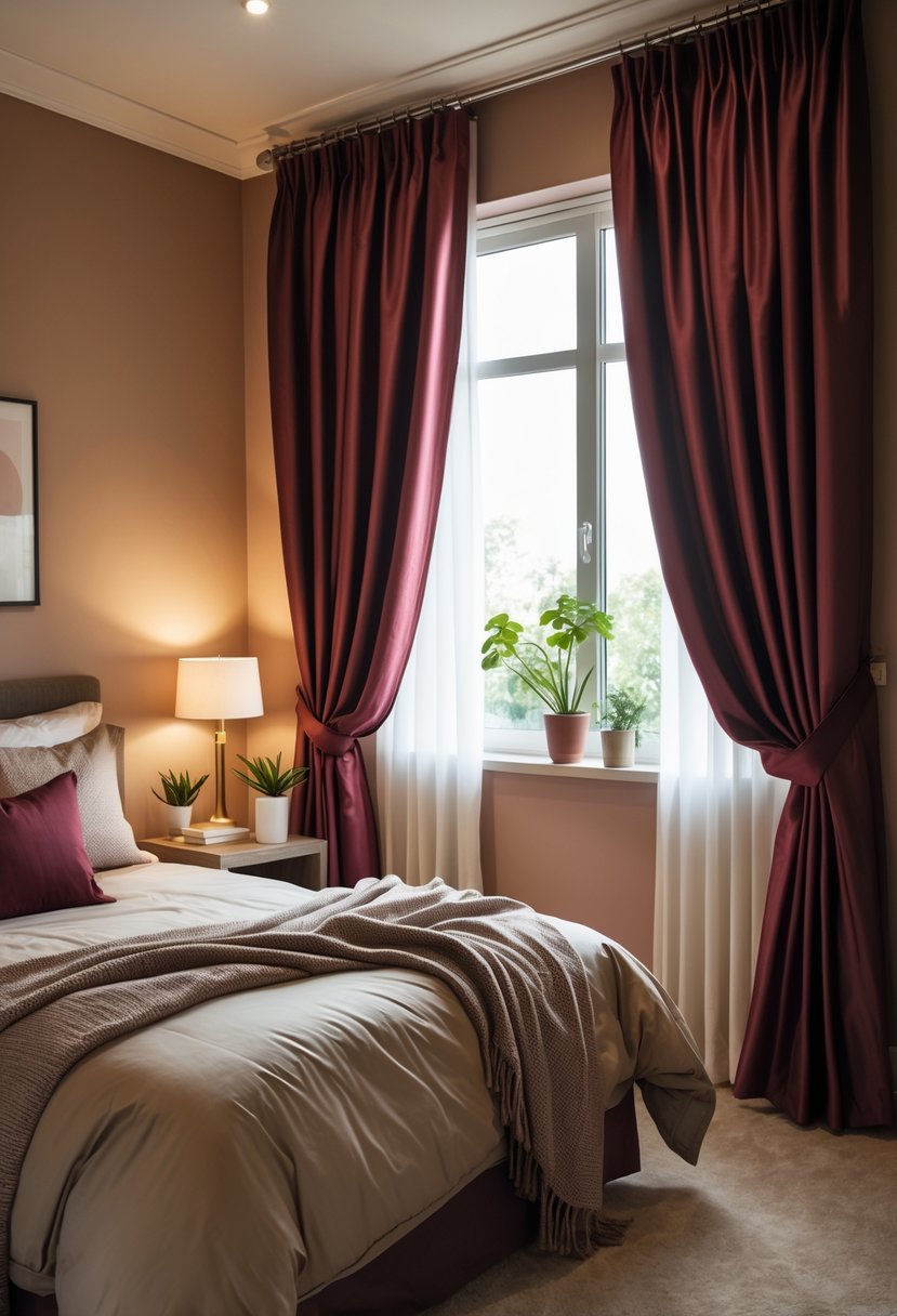 A bedroom with burgundy curtains, a neatly made bed, and warm natural lighting.
