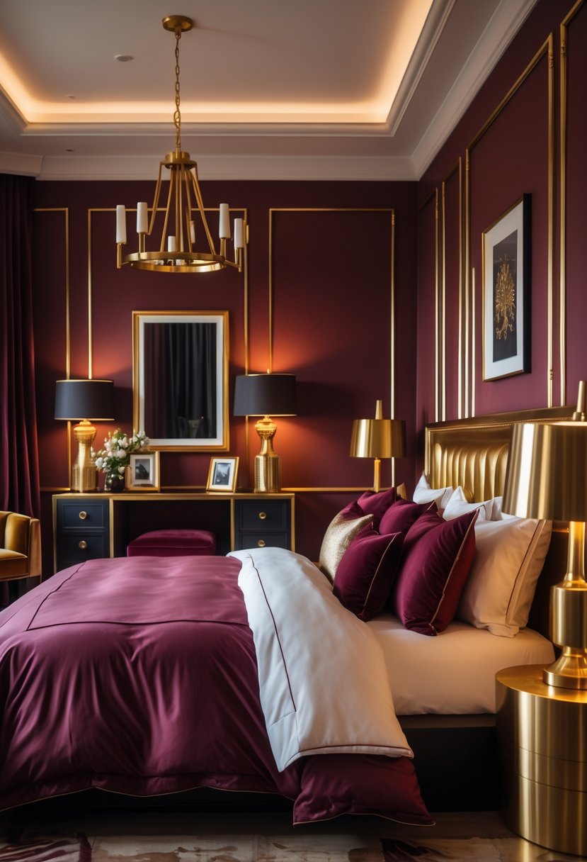 A bedroom with burgundy walls and bedding, featuring gold and brass decorative accents, bedside lamps, and a brass headboard.