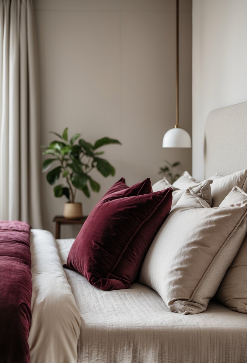 A bedroom with a neutral-colored bed decorated with burgundy throw pillows.