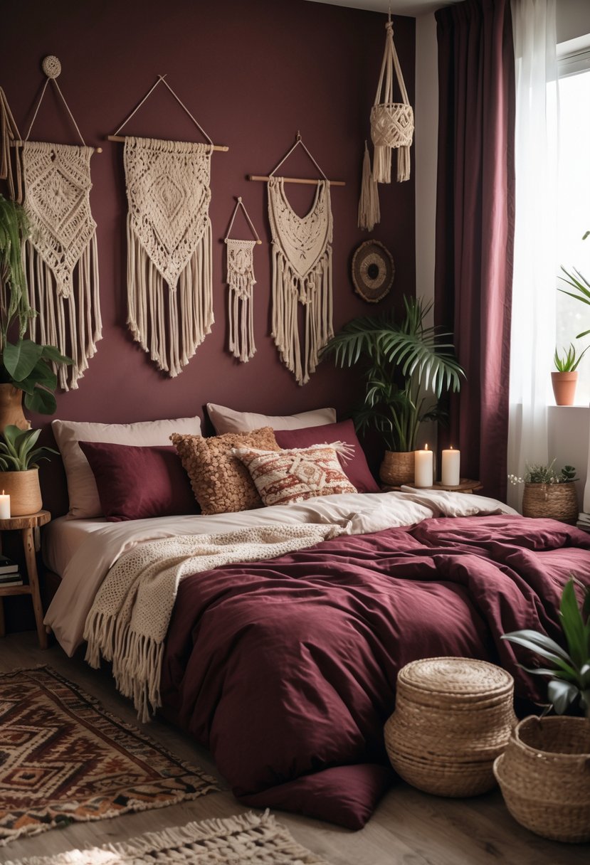 A cozy bedroom with a large bed covered in burgundy bedding, surrounded by woven baskets, plants, and textured decor items.