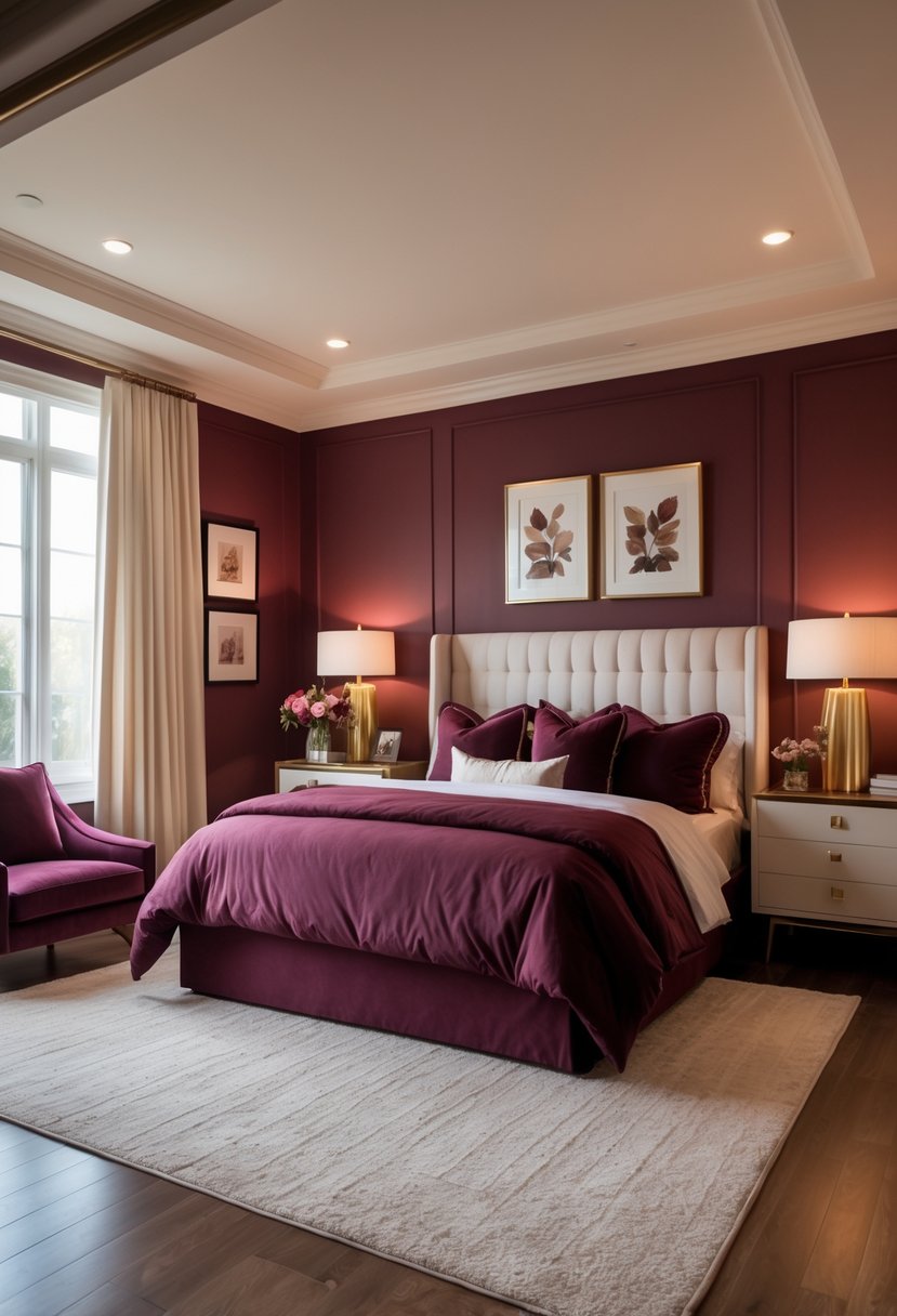 A bedroom with a large bed, burgundy walls, warm lighting, wooden floor, and modern furniture.