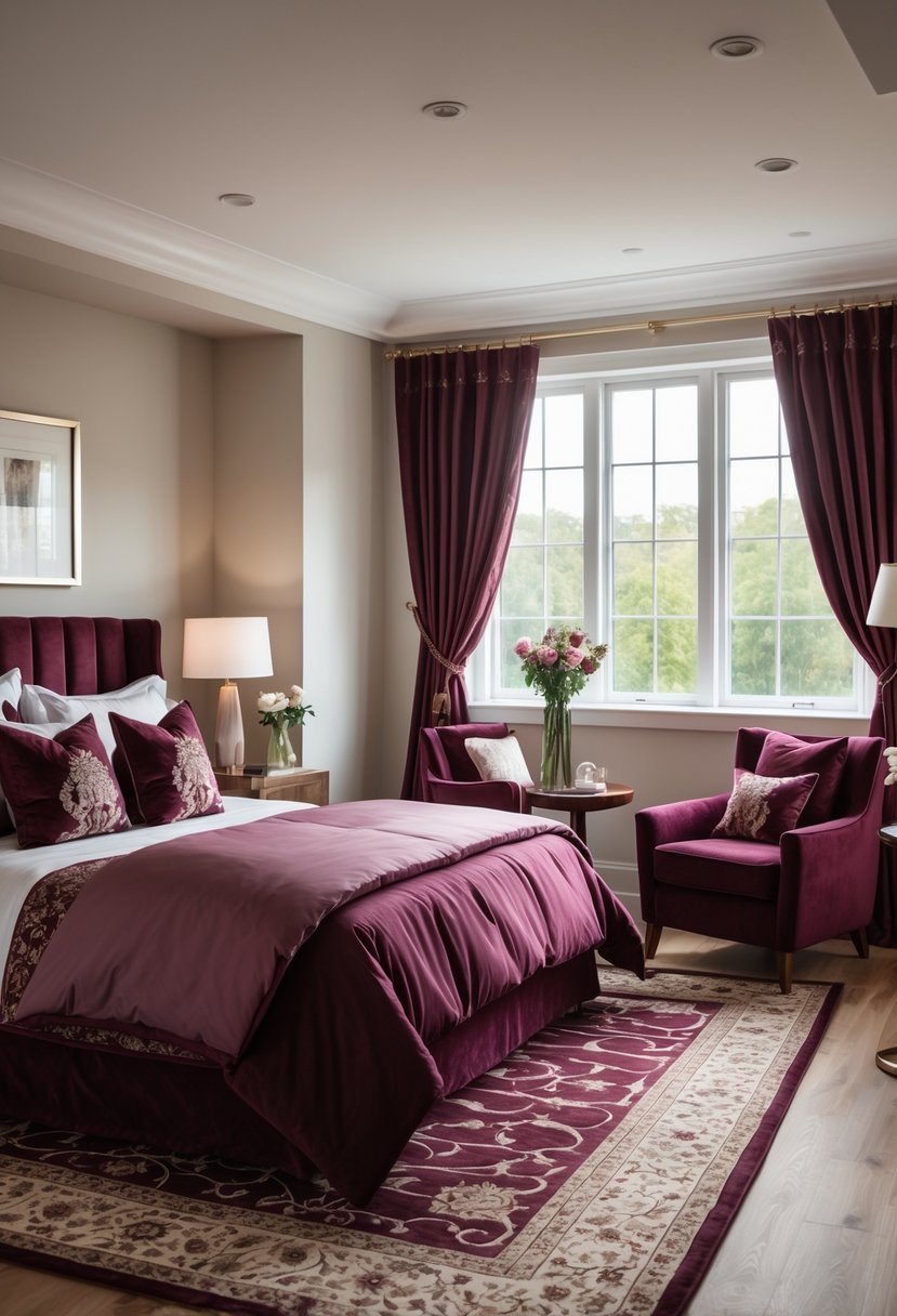 A bedroom with a bed, burgundy bedding, matching curtains, a burgundy armchair by a window, and a small side table with a lamp and flowers.