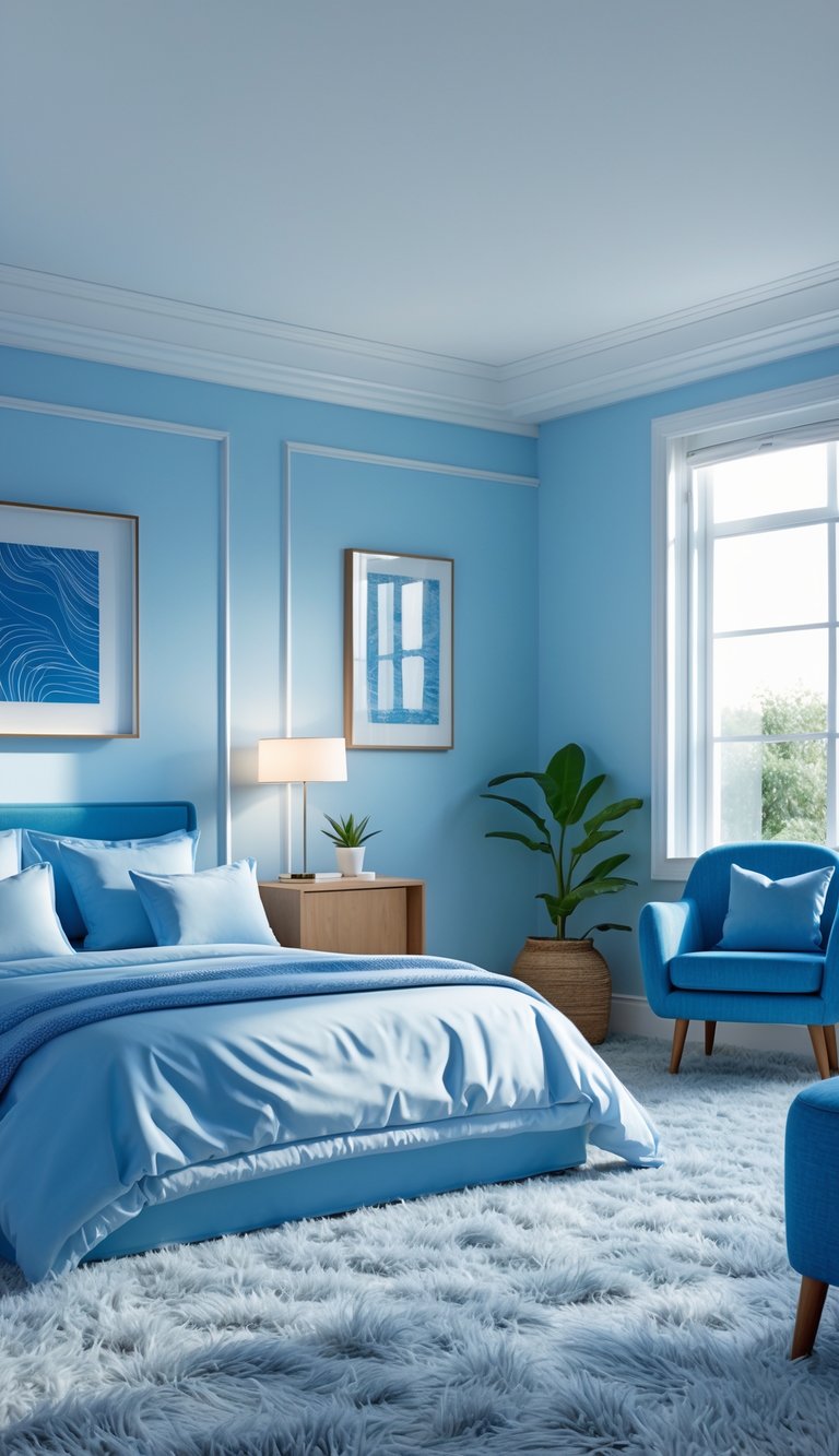 A blue bedroom with a bed, pillows, nightstand, lamp, potted plant, armchair, and windows letting in natural light.