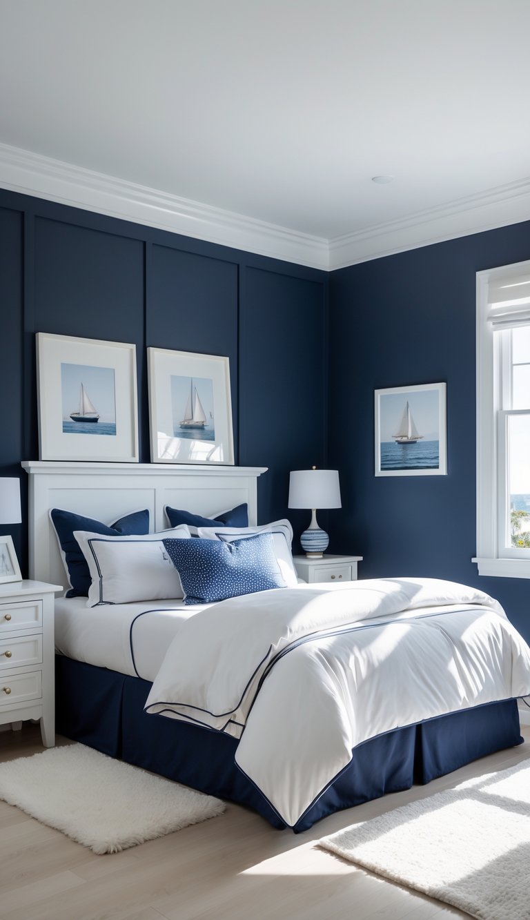 A bedroom with navy blue walls and white trim, featuring a neatly made bed with blue and white bedding and nautical-themed decor.