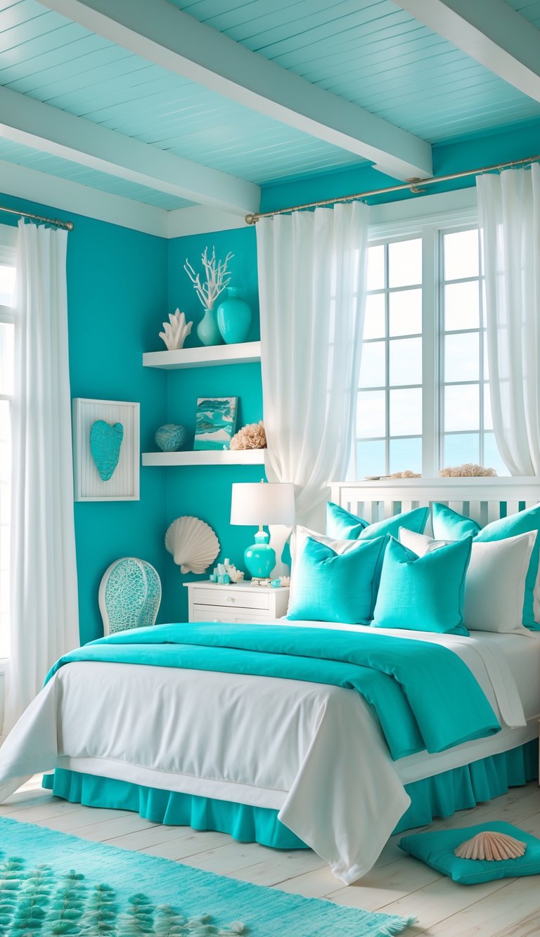A bright bedroom with blue walls, a bed decorated with turquoise pillows and blanket, natural light from large windows, and coastal-themed decor elements.
