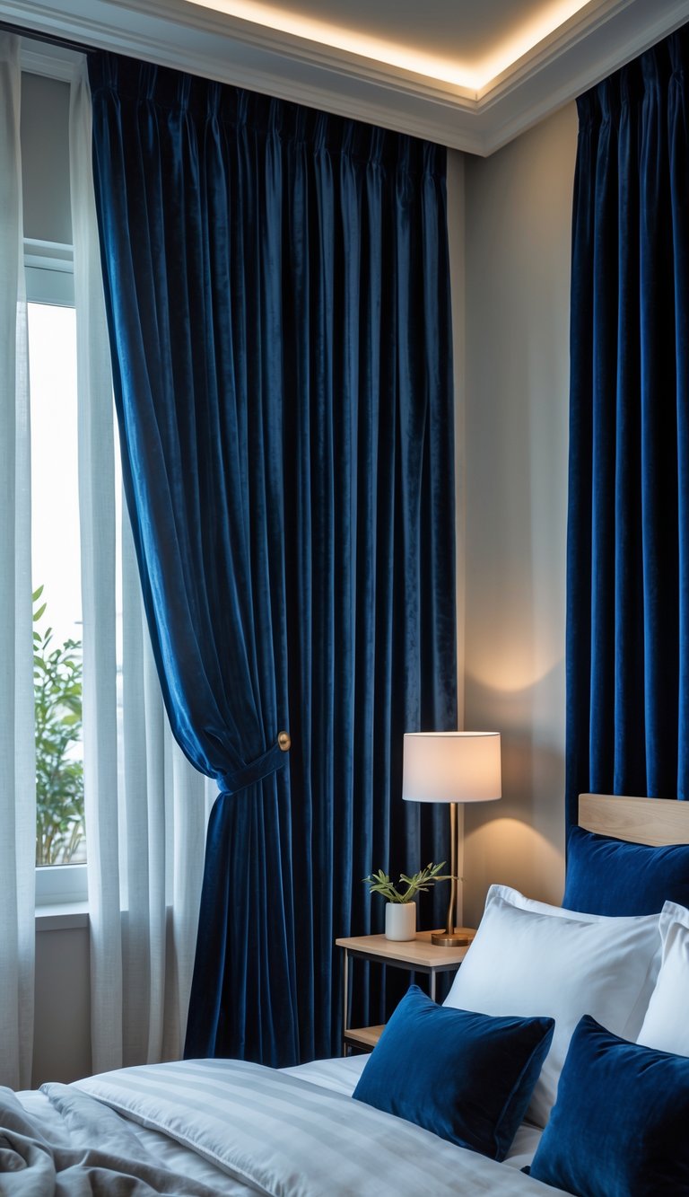 A bedroom with deep navy velvet curtains, a neatly made bed with white and blue bedding, and warm ambient lighting.