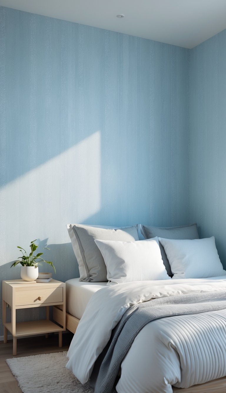 A bedroom with light blue patterned wallpaper, a neatly made bed, and a small nightstand with a plant.