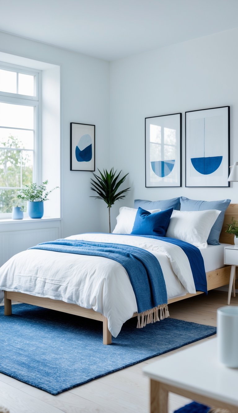 A bright bedroom with a neatly made bed, white and blue bedding, wooden furniture, and natural light coming through large windows.