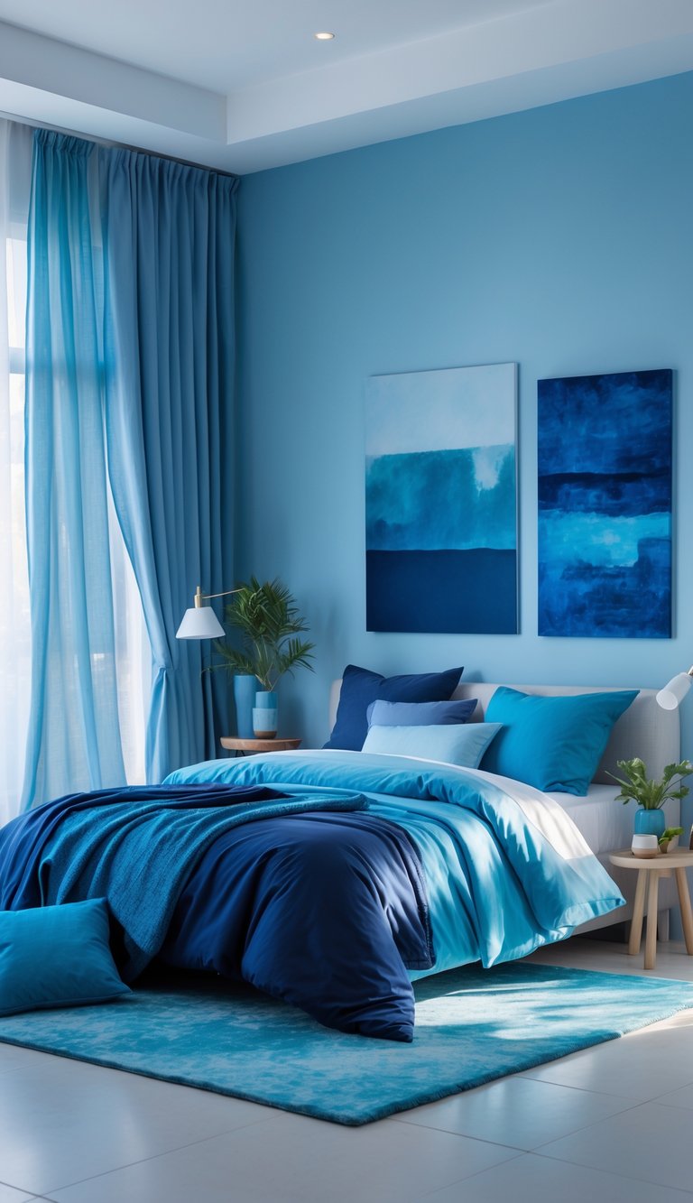 A bedroom with a bed, blue bedding, blue walls, a wooden nightstand with a plant and lamp, and natural light coming through sheer curtains.