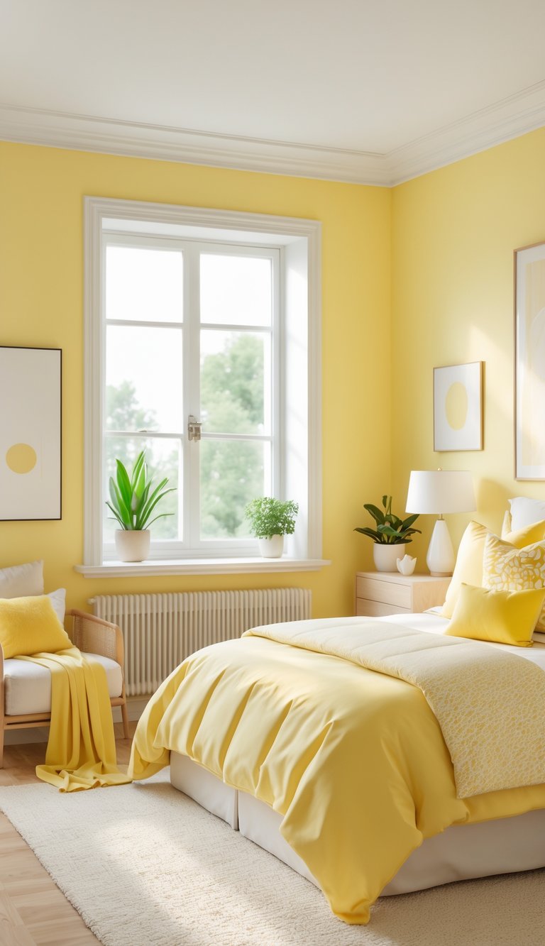A bright yellow bedroom with a neatly made bed, a window letting in sunlight, a nightstand with a lamp and plant, and a cozy armchair.